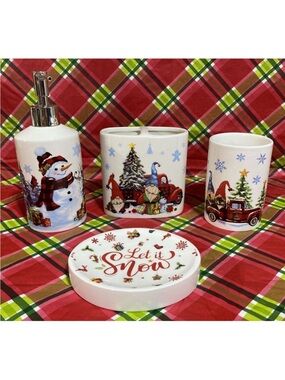Christmas Bathroom Accessory Sets of 4 Gnome & Snowman Decor